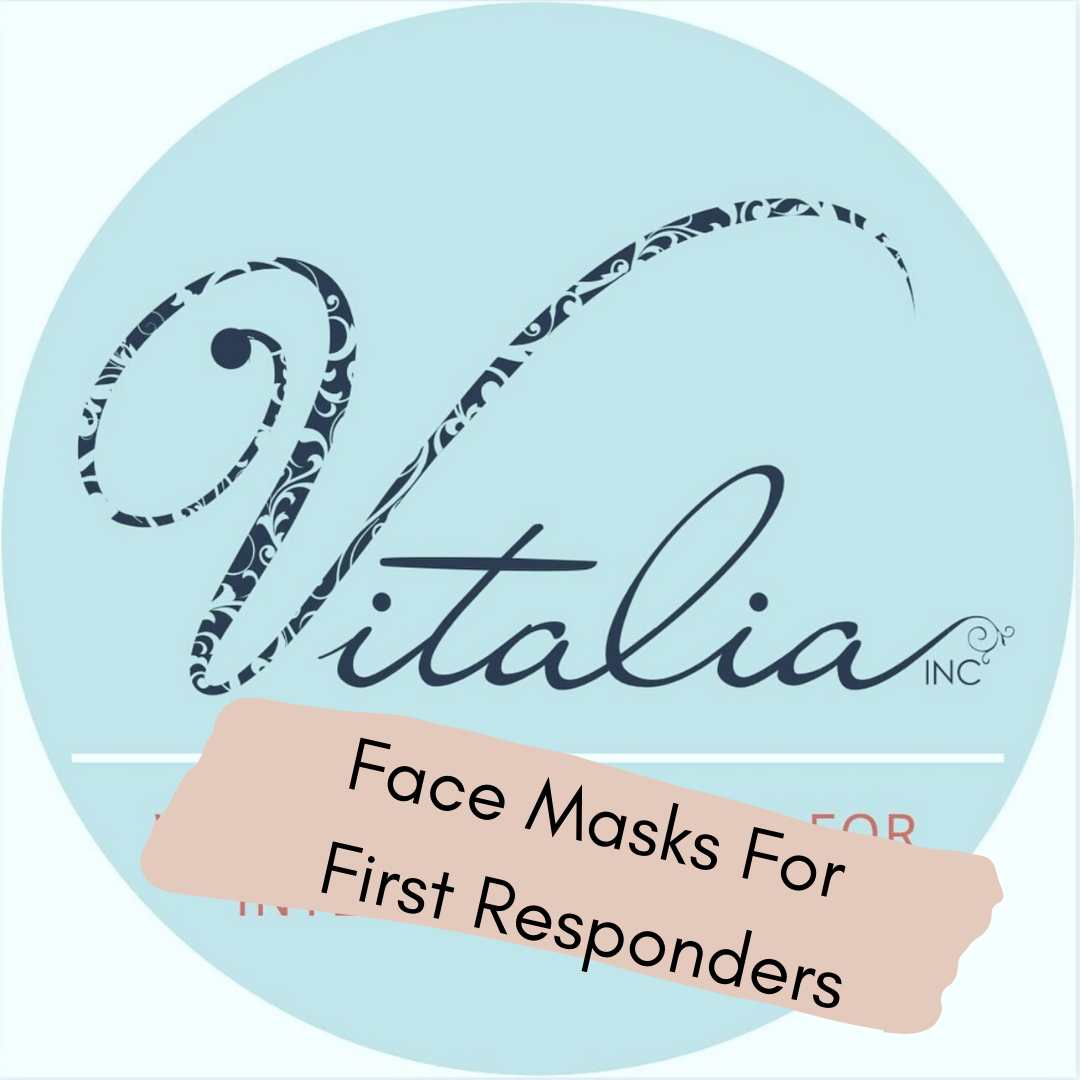 The image displays a round blue logo for "Vitalia INC" with a script-style font and decorative flourishes. Overlaid on the logo is a beige torn paper graphic with the text "Face Masks For First Responders" written in black, highlighting their mission to support those who assist in times of need.