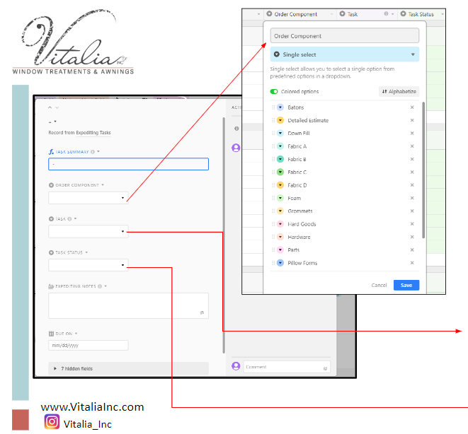 A collage of interface screenshots from Vitalia showcases key features for managing window treatments. The left screenshot displays a list of status options, the center screenshot highlights an "Order Component" dropdown menu with a save button, and the right screenshots present a color-coded list and status update button. Social media icons are at the bottom.