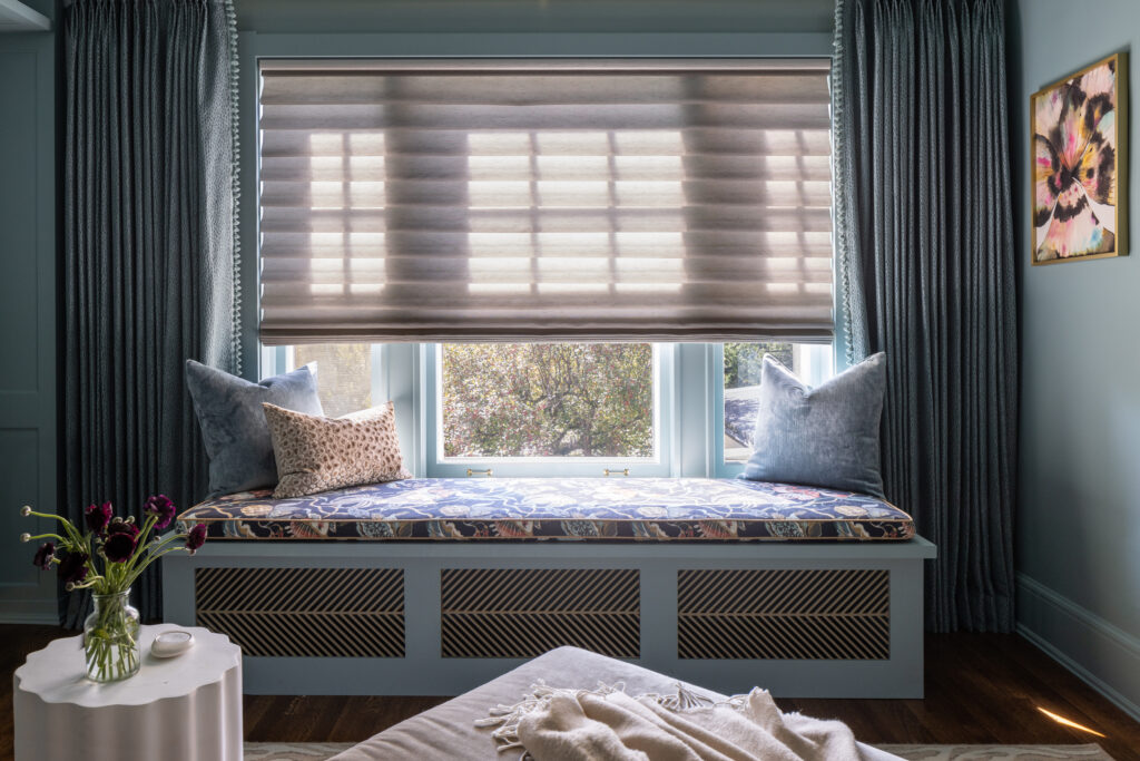 Custom upholstered window bench and coordinating luxury bedding designed for House Beautiful Showhouse with Gray Space Interiors.