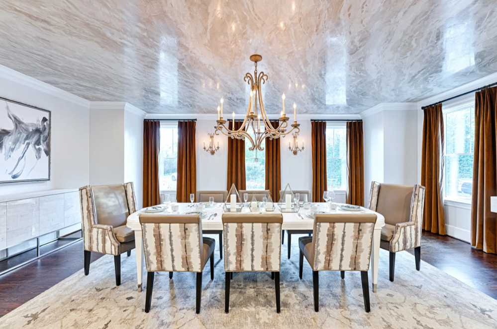 Upholstered dining chairs and drapery panels as a unified textile installation for Christina Henck Interiors