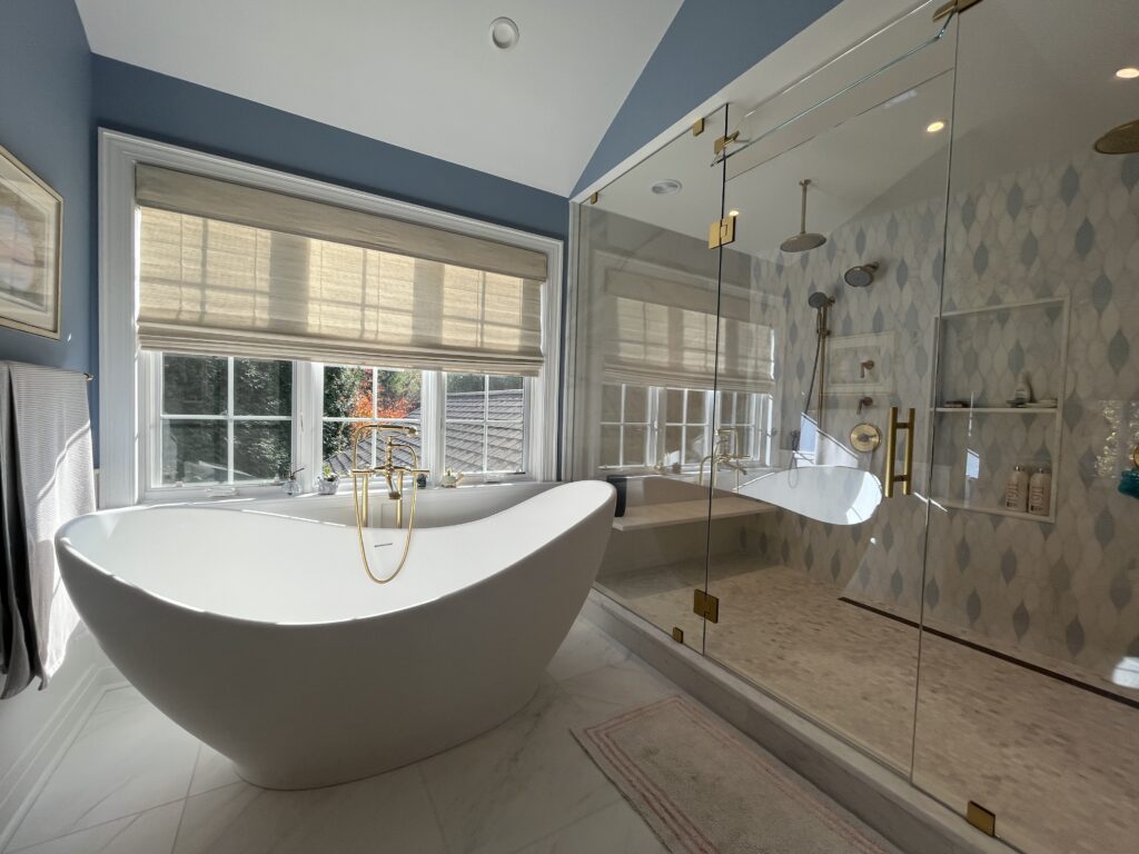 Motorized Roman shades for smart luxury interiors designed by Vitalia Inc. for Philadelphia bathrooms.