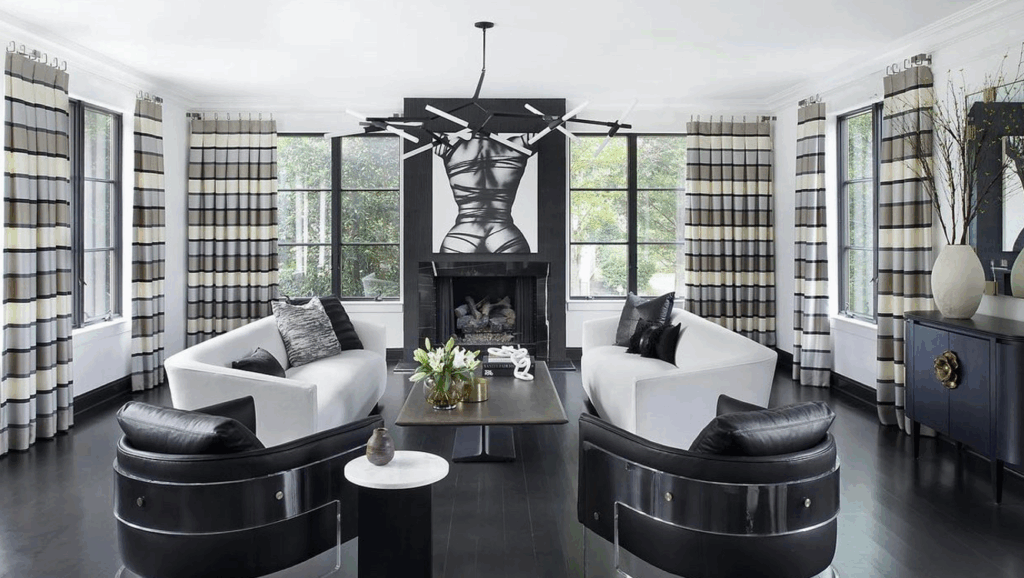 Luxury living room with mixed metal and acrylic hardware for bespoke window treatments in Philadelphia