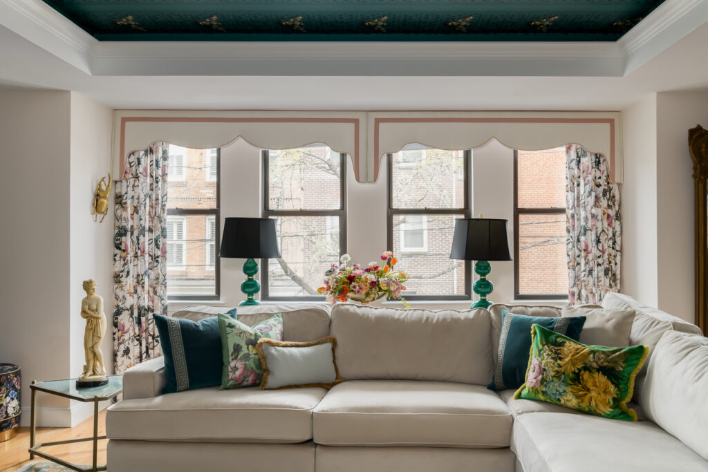 Refined maximalism custom window treatment with lambrequin-cornice hybrid designed with Lost Orchid Interiors in Bucks County