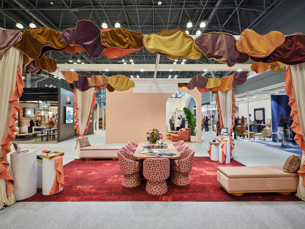 Close-up of layered sheers and sculptural petals in P/Kaufmann booth