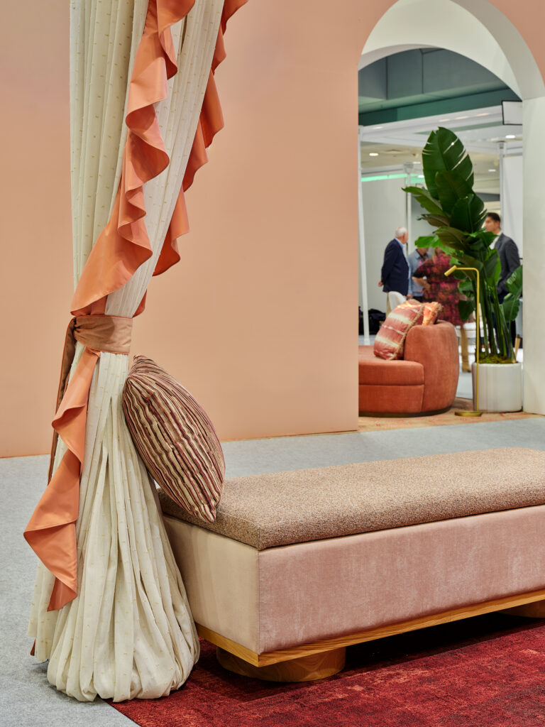 Close-up of layered sheers and sculptural petals in P/Kaufmann booth