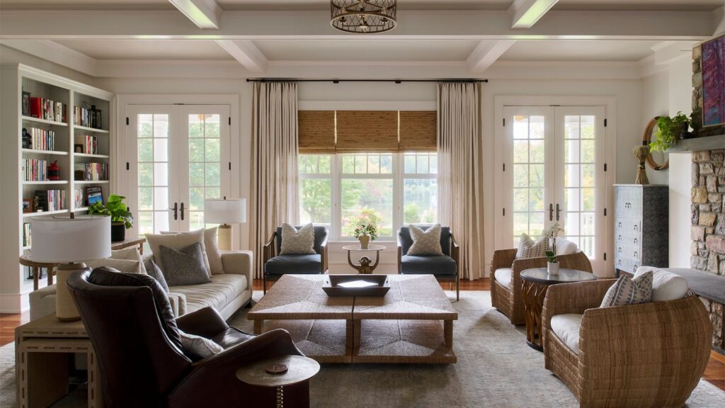Custom drapery panels and woven wood shades fabricated and installed by Vitalia Inc. for a whole-home project with Liz Walton Home, Bucks County Pennsylvania