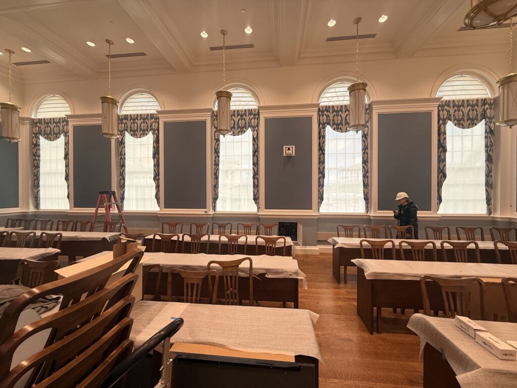 Floor to ceiling automated drapery panels on motorized track in a two-story Philadelphia penthouse, fabricated and installed by Vitalia Inc. for Eberlein Design Consultants